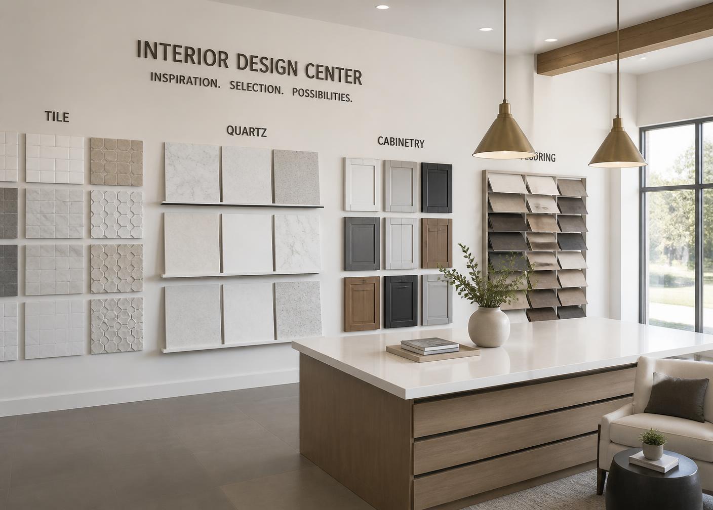 Design center showroom wall with tile, quartz and cabinet door samples