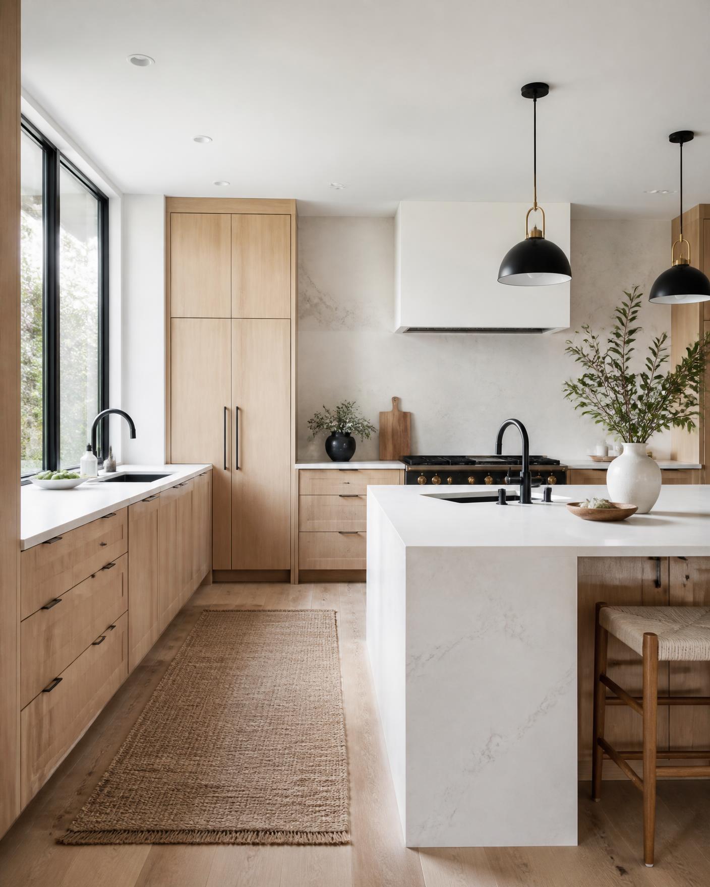 Renovated white oak kitchen with a quartz waterfall island and black pendant lighting