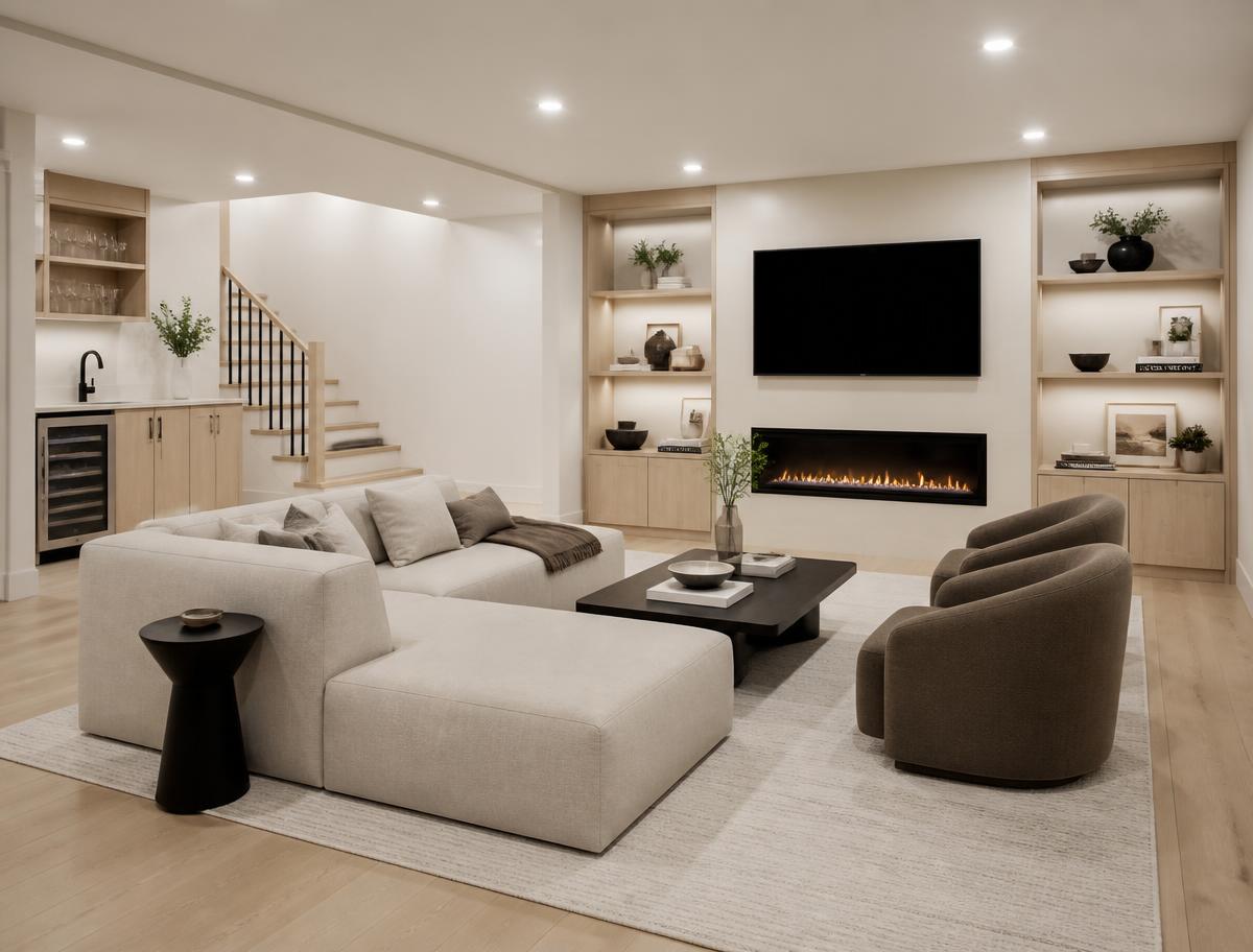 Finished basement family room with built-in cabinetry and a linear fireplace