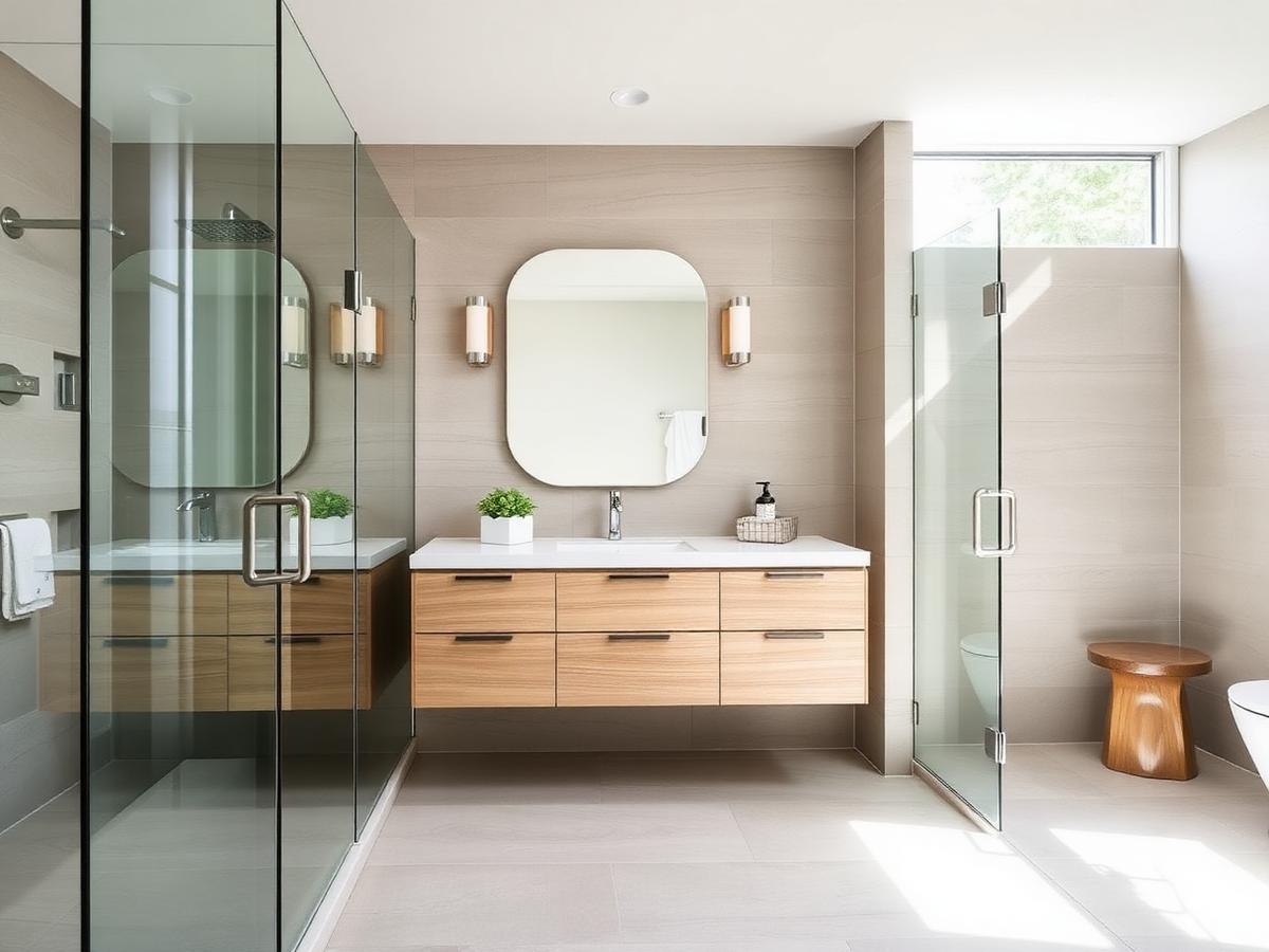 Modern primary bathroom with a floating wood vanity and glass shower