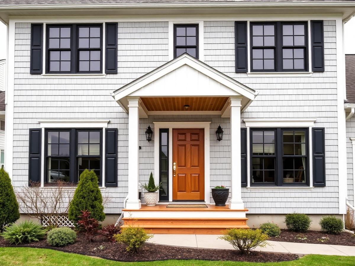 Renovated shingle style home exterior with a cedar entry porch