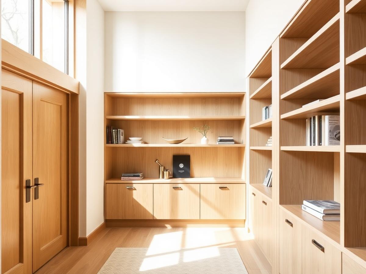 Custom white oak built-in shelving and cabinetry in a bright study